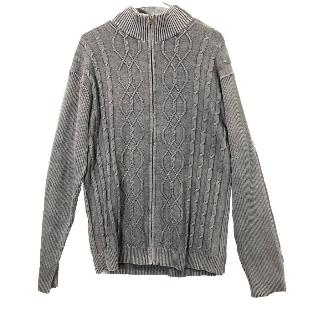 Park Slope Full Zip Cardigan Mens XXL Gray Cable Knit Cotton Vtg Wash Mock Neck